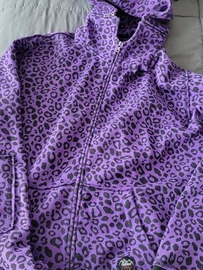 Vintage skatebord Purple Leopard Print Zip Hoodie with Logo Patch,zip off hood.